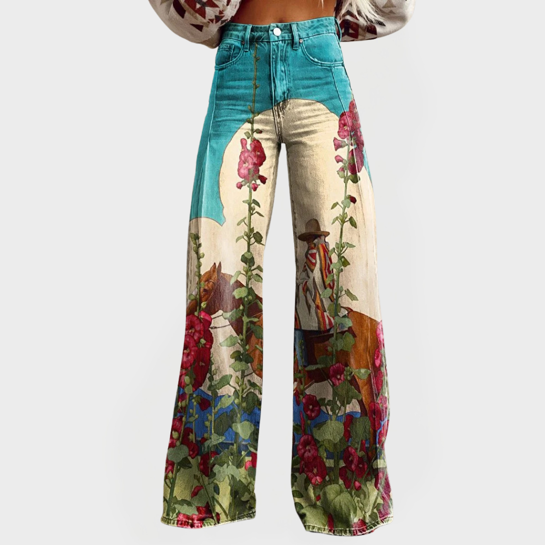 Jeans élégants avec design floral et jambes larges